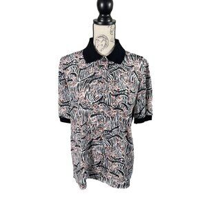 Vintage Kelly Scott Zebra Print Black Collar Womens Polo Blouse Shirt sz 6